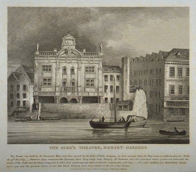 Utsikt over Dukes Theatre, Dorset Gardens, fra Themsen, 1814 av English School