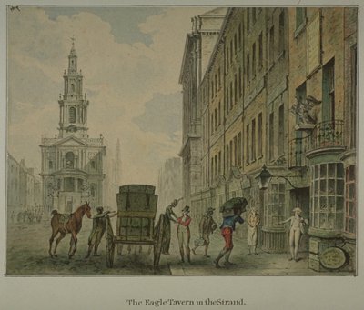Utsikt over Eagle Tavern i Strand, Westminster, med en mann som losser produkter fra en hestevogn i veien og St Mary le Strand i det fjerne, ca. 1800 (akvarell på papir) av English School