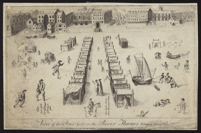 Utsikt over messen holdt ved Themsen, 1683-1684 av English School