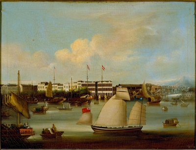 Utsikt over de utenlandske fabrikkene, Kanton, før 1850 (olje på lerret) av English School