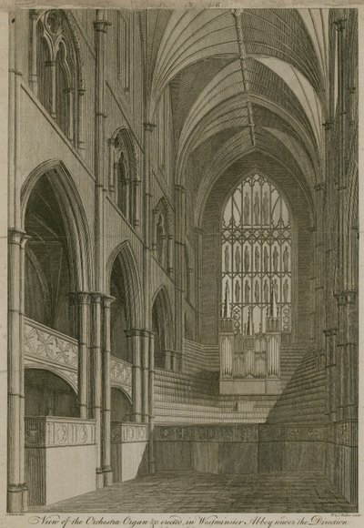 Utsikt over orkesterorgelet osv. reist i Westminster Abbey, London av English School