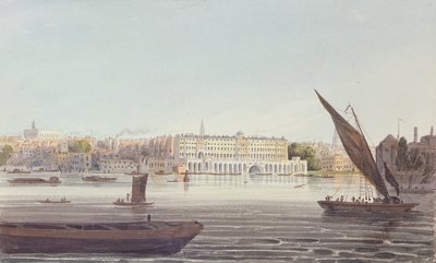 Utsikt over elvefronten til New Somerset House, fra Bankside, 1796 av English School