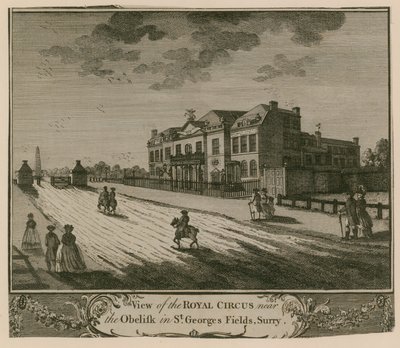 Utsikt over Royal Circus nær Obelisken i St Georges Fields, Surry av English School