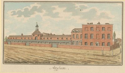 Utsikt over asylet i St Georges Fields (wc på papir) av English School