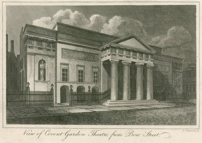Utsikt over utsiden av Covent Garden Theatre, London, fra Bow Street av English School