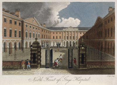 Utsikt over nordfronten av Guys Hospital, Southwark, som viser en mann som båres gjennom frontportene, ca. 1800 av English School