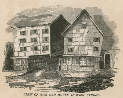 Utsikt over det gamle huset i West Street, London, tidligere Red Lion Inn, Chick Lane, en gang residensen til Jonathan Wild av English School
