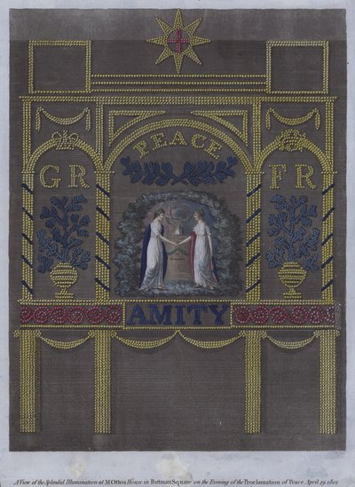 Utsikt over den fantastiske belysningen ved M Ottos hus på Portman Square, London, om kvelden fredserklæringen, 29. april 1802 (farget gravering) av English School