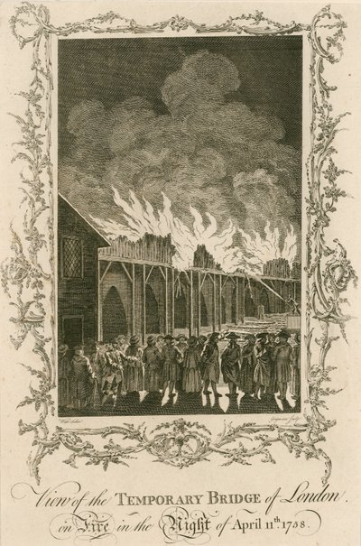 Utsikt over den midlertidige broen i London i brann natt til 11. april 1758 av English School