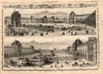 Utsikt over Cour Carree du Louvre i Paris. Gravering i "The illustrated London News"" av 15. august 1857. av English School