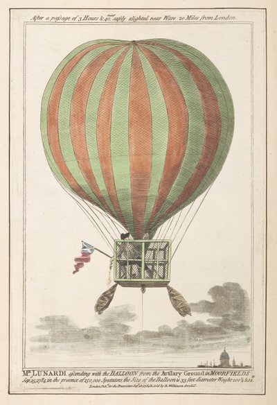 Vincent Lunardi i luften etter sin oppstigning fra Moorfields, september 1784 (farget gravering) av English School