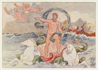 Virgils Aeneid: Neptun stiller the Waves (farge litho) av English School