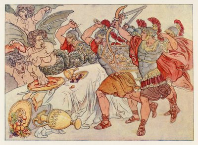 Virgils Aeneid: The Harpies (farge litho) av English School