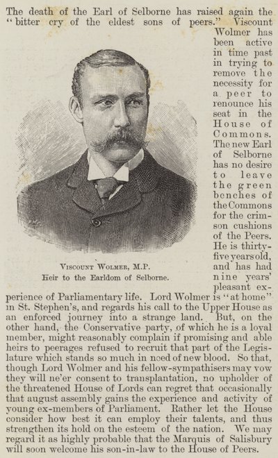 Viscount Wolmer, MP, arving til jarldømmet av Selborne (gravering) av English School