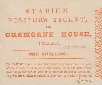 Besøksbillett til The Stadium, Cremorne House, London, september 1836 av English School
