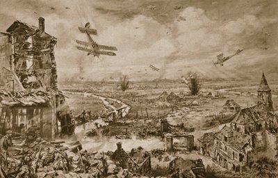 Levende inntrykk av den forferdelige kampen for Armentieres i april, 1918, 1918-19 av English School