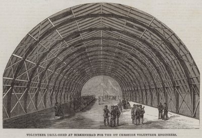 Frivillige boreskur ved Birkenhead for de første Cheshire frivillige ingeniørene (gravering) av English School