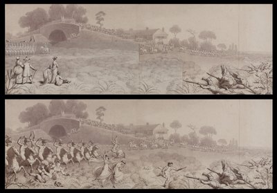 Frivillig gjennomgang på Wormwood Scrubs som viser Mitre Tavern og Mitre Bridge, Hammersmith, ca. 1800 (vask på papir) av English School