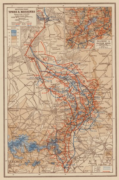 Første verdenskrig: Vestfronten, Ypres og Messines (fargelitografi) av English School