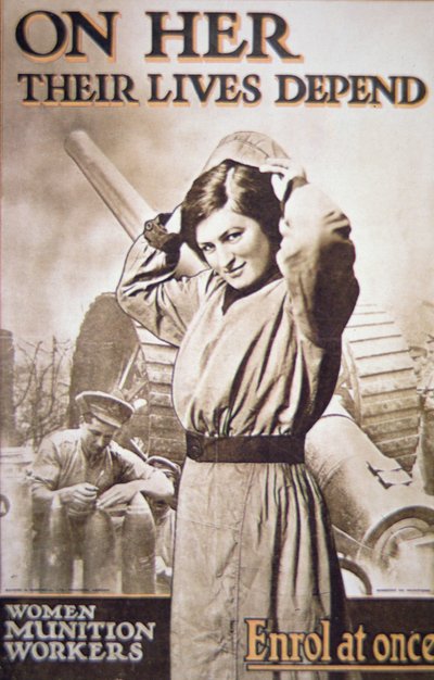 WWI-plakat som oppmuntrer kvinnelige ammunisjonsarbeidere, ca. 1914-18 (farge litho) av English School
