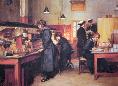 WWI kvinnelige radio- og telefonoperatører av Royal Navy (farge litho) av English School