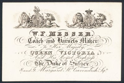 W F Messer, trener og selemaker til hennes majestet dronning Victoria og hertugen av Sussex, handelskort av English School
