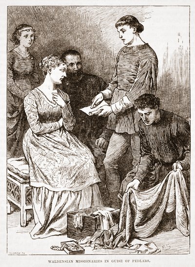 Waldensiske misjonærer i skikkelse av Pedlars, illustrasjon fra The History of Protestantism av James Aitken Wylie (1808-1890), pub. 1878 av English School