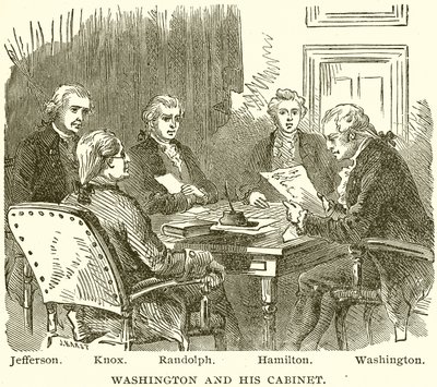 Washington og hans kabinett. Jefferson. Knox. Randolph. Hamilton. Washington av English School