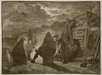 Washington ved leirbrannen ved Valley Forge, illustrasjon fra Cassells Illustrated History of England (sepia-bilde) av English School