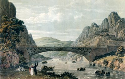 Waterloo Bridge over elven Conwy, Wales (fargegravering) av English School
