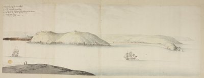 Vestinngangen til Cork Harbour, fra Kidds, eller Cow and Calf, til Cross Beg Island; West Entrance of Cork Harbour, viser Halbowlin Island, Spike Island og Cross Haven, ca. 1684 (penn og blekk og akvarell på papir) av English School