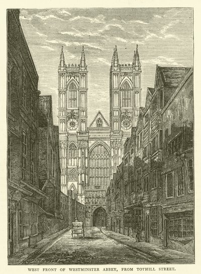 Vest foran Westminster Abbey, fra Tothill Street (gravering) av English School