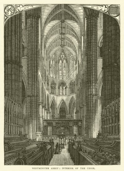 Westminster Abbey, interiøret i koret (gravering) av English School