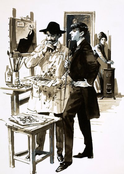 Whistler og Aubrey Beardsley (gouache på papir) av English School