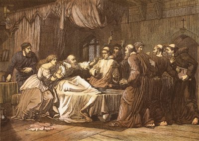 Wicliffe på dødsleiet angrepet av Friars, gravert av T. Bolton av English School