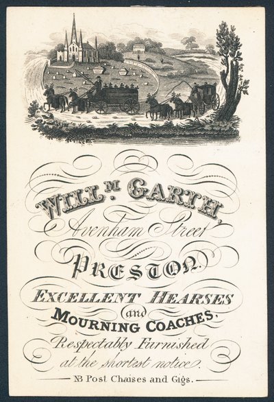 William Garth, leverandør av utmerkede likbiler og sørgevogner, fagkort av English School