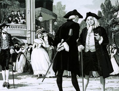 William Hogarth tar en spasertur i Vauxhall Gardens (gouache på papir) av English School