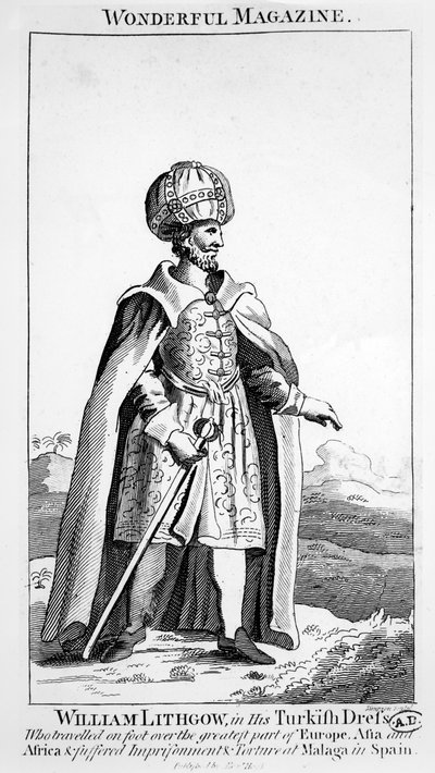 William Lithgow i sin tyrkiske kjole, illustrasjon fra Wonderful Magazine, ca. 1750-90 av English School