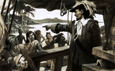 William Paterson forsøkte å grunnlegge en ny handelskoloni på Isthmus of Panama (gouache på papir) av English School