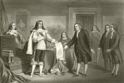 William Penn mottok Charter of Pennsylvania fra Charles II av English School