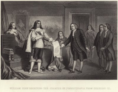 William Penn mottok Charter of Pennsylvania fra Charles II av English School