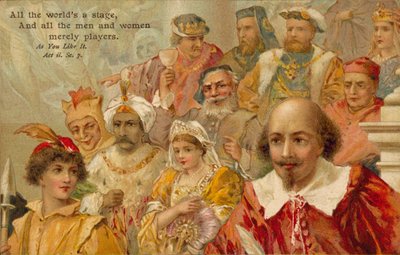 William Shakespeare med noen av karakterene sine (fargelitografi) av English School