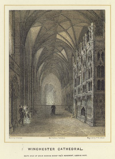 Winchester Cathedral, sørgang i koret som viser Bishop Foxs Monument, med utsikt mot vest av English School