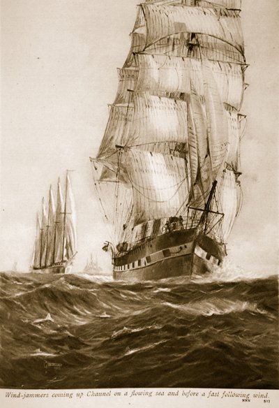 Vind-jammere kommer opp Kanalen på et rennende hav og før en rask følgevind, 1914-19 av English School