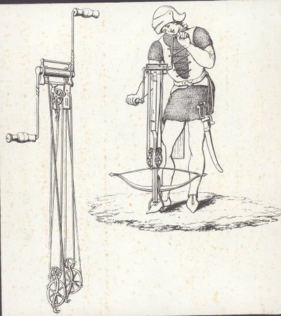 Ankerspillmekanisme for å spenne armbrøst, illustrasjon fra 'Ancient Armour' av English School