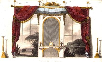 Window Curtain for a Boudoir, plate 3 fra Ackermanns Repository of Arts, utgitt 1809 (farge litho) av English School