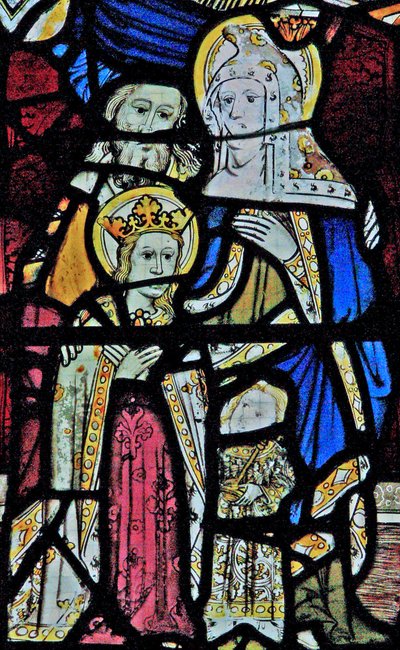 Window Ew som viser St Anne, Joachim, Jomfru Maria og Kristusbarnet av English School