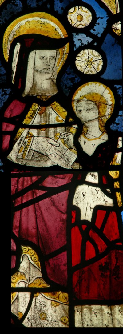 Fenster S-Kapelle-S6, das die heilige Anna zeigt, wie sie der Jungfrau das Lesen beibringt von English School