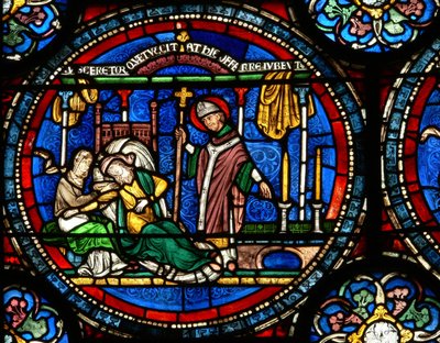 Vindu n4 som viser en scene fra et St Thomas Becket Miracle-vindu: Julia Puintel fikk beskjed om å gå til graven av English School