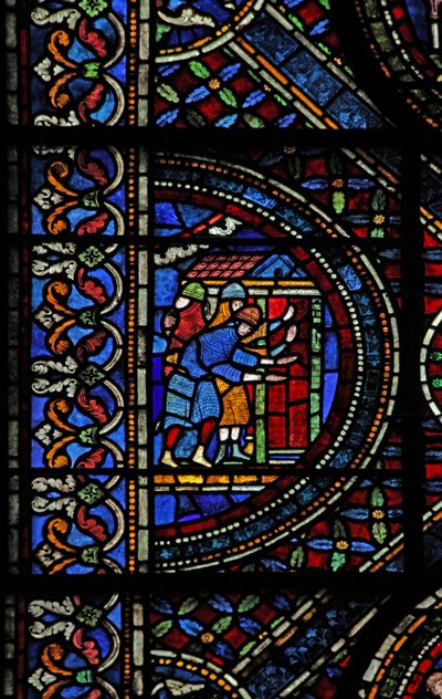 Vindu n7 som viser en scene fra livet til St Thomas Becket: riddere ved døren til Canterbury av English School